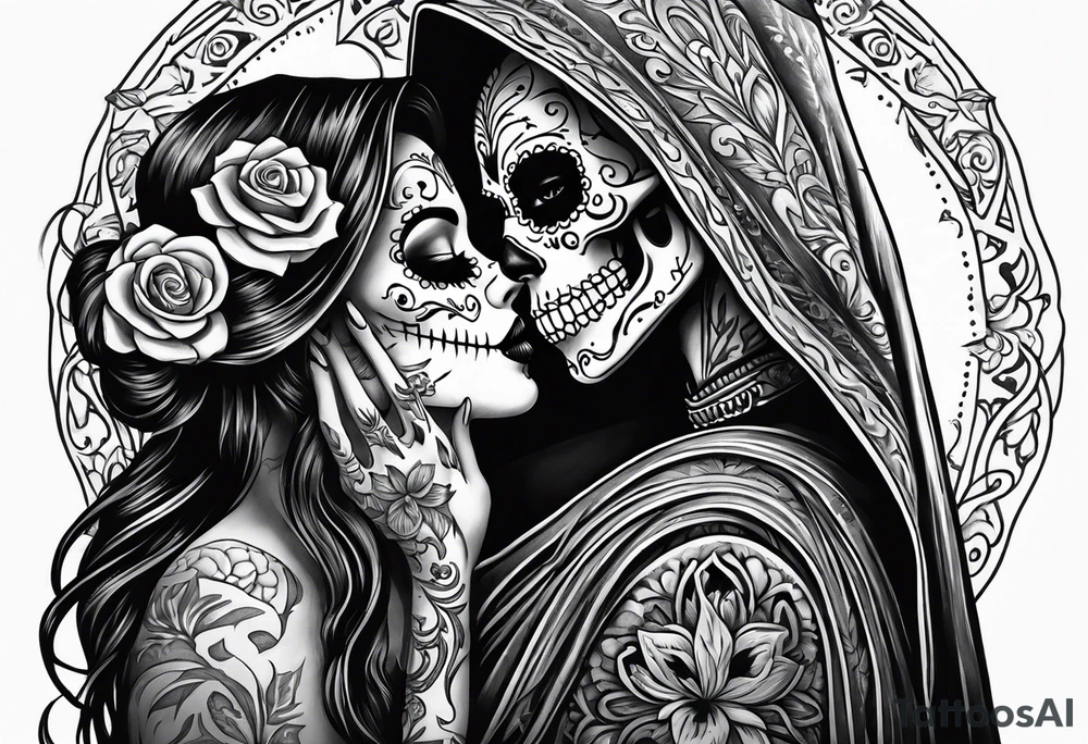 Day of the dead woman kissing grim reaper tattoo idea