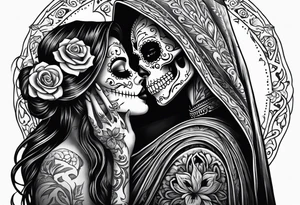 Day of the dead woman kissing grim reaper tattoo idea