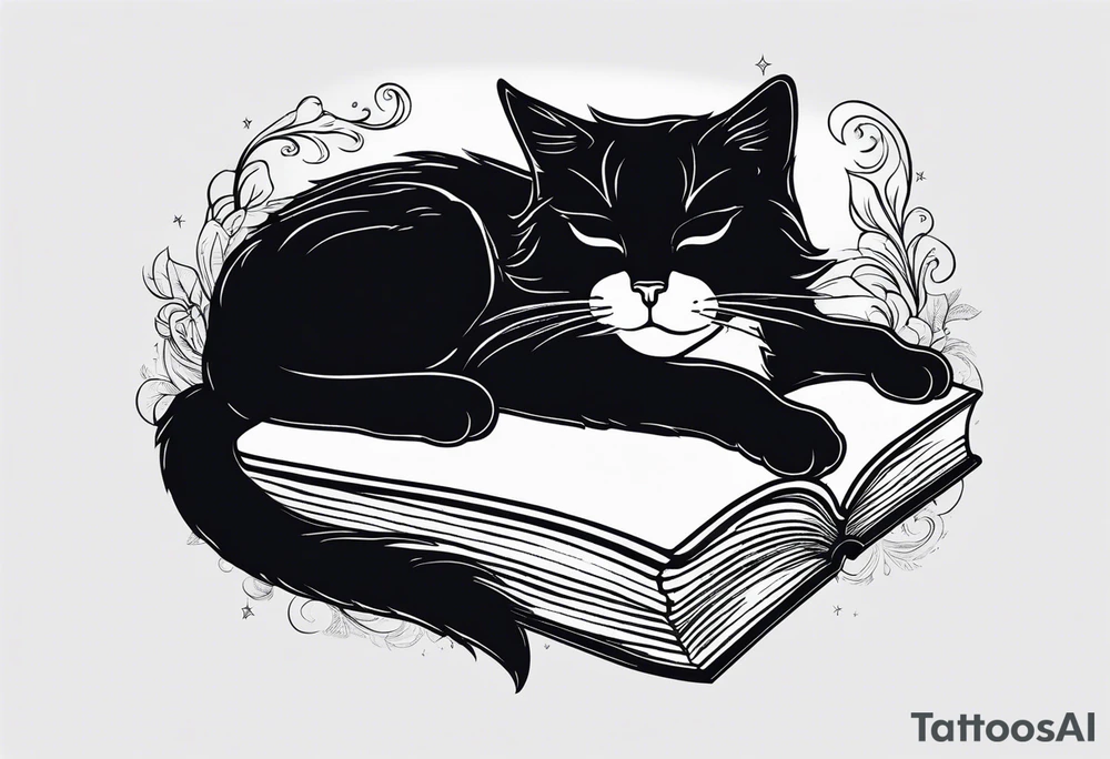 black sillhouette cat sleeping with a book sleeve tattoo tattoo idea