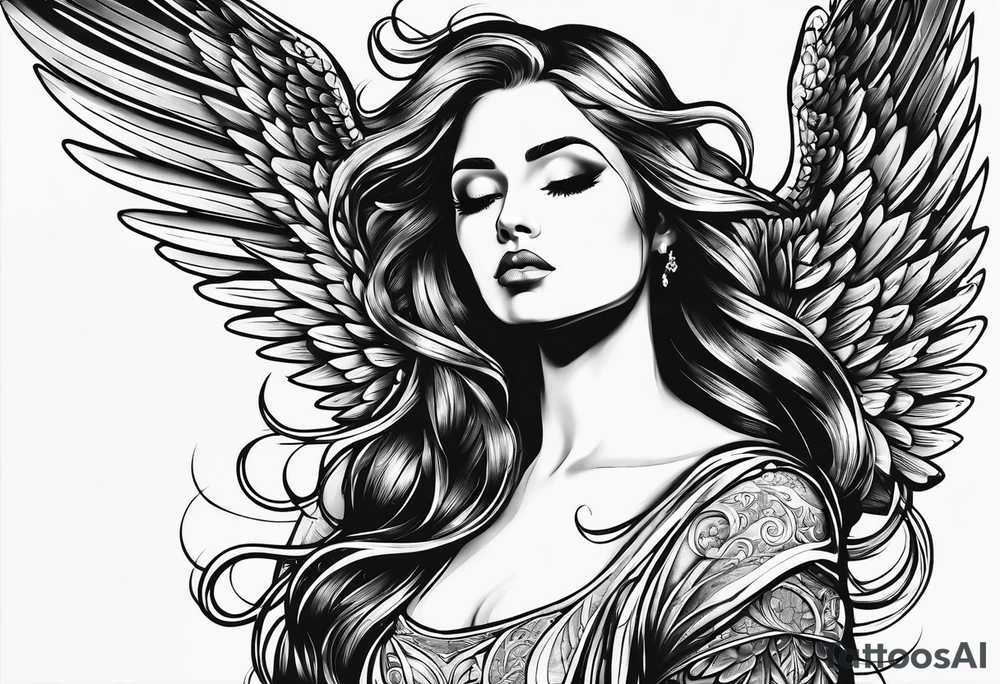 Angel right wing, side way with name Leah written in gothic letters. tattoo idea