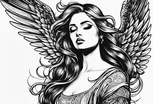 Angel right wing, side way with name Leah written in gothic letters. tattoo idea