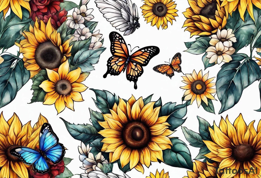 Sleeve with angel wings, sunflower and butterfly tattoo idea