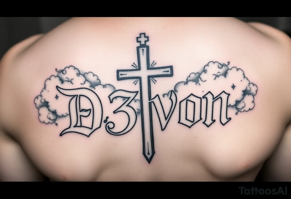The name D3von with a cross behind it and clouds above it tattoo idea