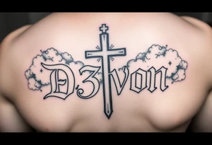 The name D3von with a cross behind it and clouds above it tattoo idea