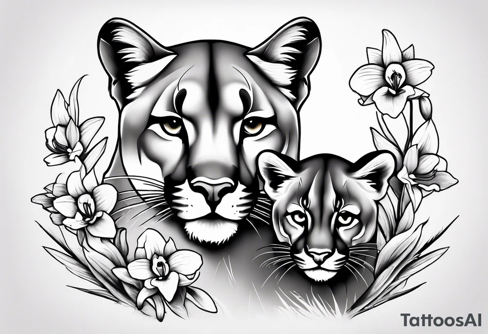 Mother mountain lion with 2 cubs orchids tattoo idea