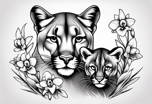 Mother mountain lion with 2 cubs orchids tattoo idea