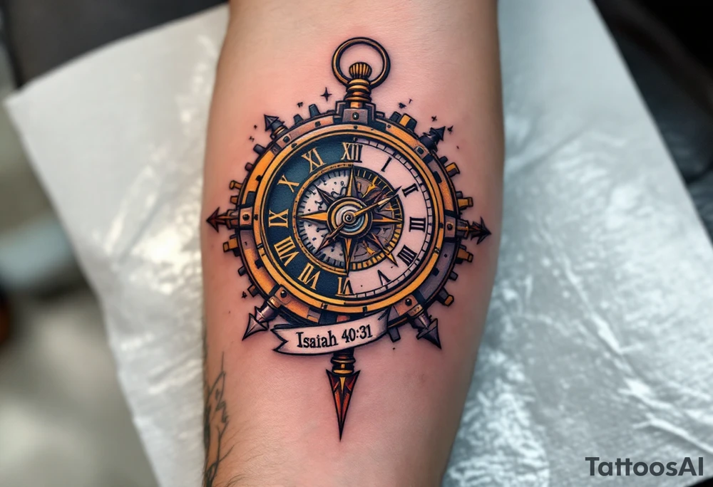 steampunk half compass half clock with a full length arrow pointing at my wrist and saying "Isaiah 40:31" tattoo idea