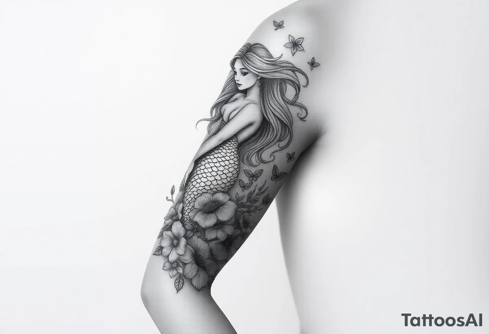 ethereal mermaid with flowing hair among coral and sea flowers tattoo idea