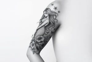 ethereal mermaid with flowing hair among coral and sea flowers tattoo idea
