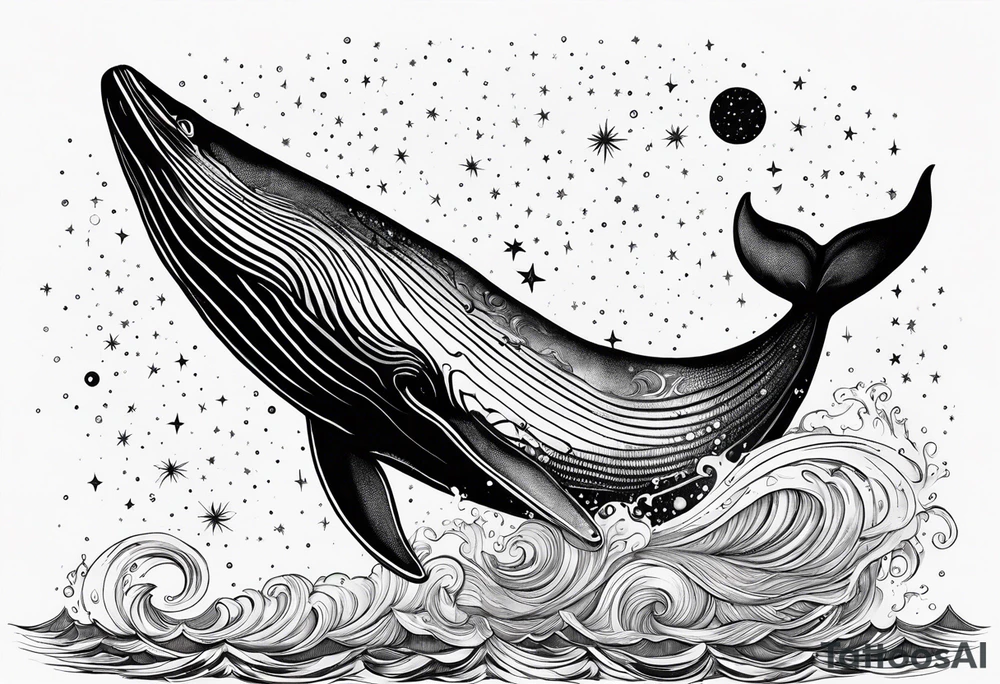 Moby dick inspired sperm whale jumping out of the water with the Virgo constellation in the sky tattoo idea