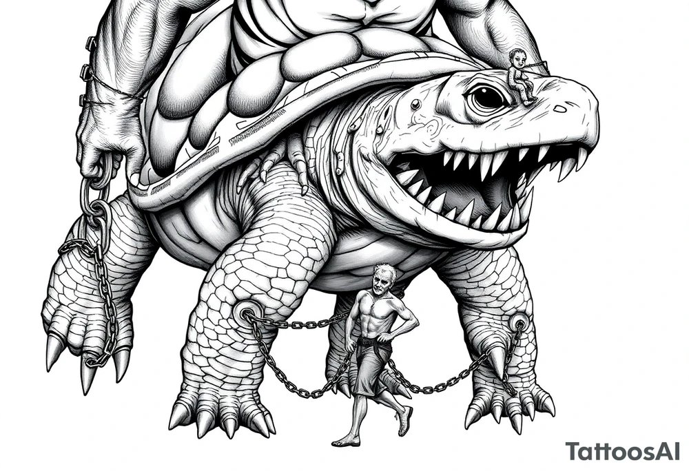 A giant man walking 2 slaves on a chain leash and chains on the back legs of an angry turtle with huge teeth with a little man riding on his back tattoo idea