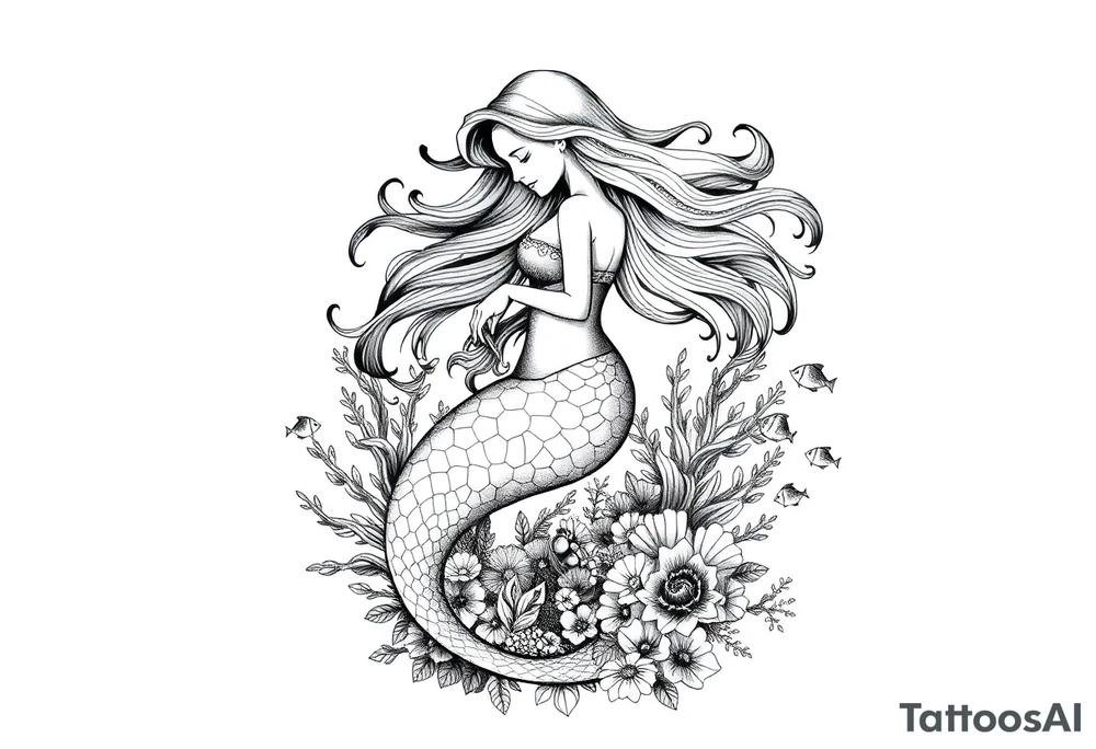 ethereal mermaid with flowing hair among coral reef and small fish tattoo idea