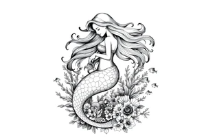 ethereal mermaid with flowing hair among coral reef and small fish tattoo idea