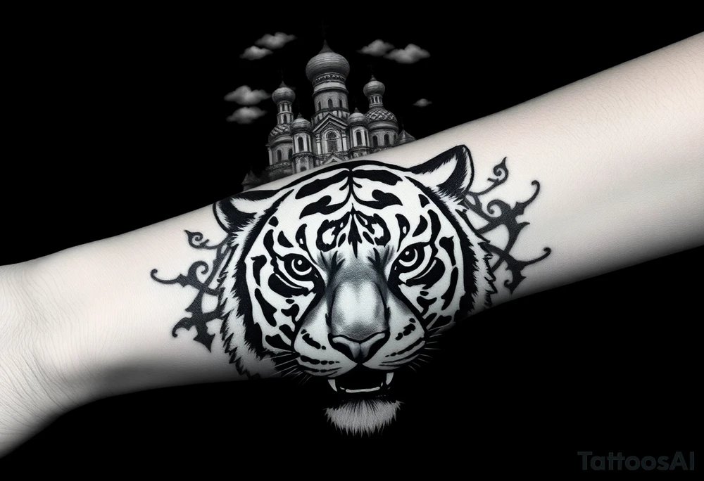 Realistic tiger face on the back of the hand with its eyes ALL black and no pupils, sitting beneath a Russian Orthodox cathedral sitting above on the top fore arm with onion domes and orthodox crosses. with clouds above and a virgin mary tattoo idea