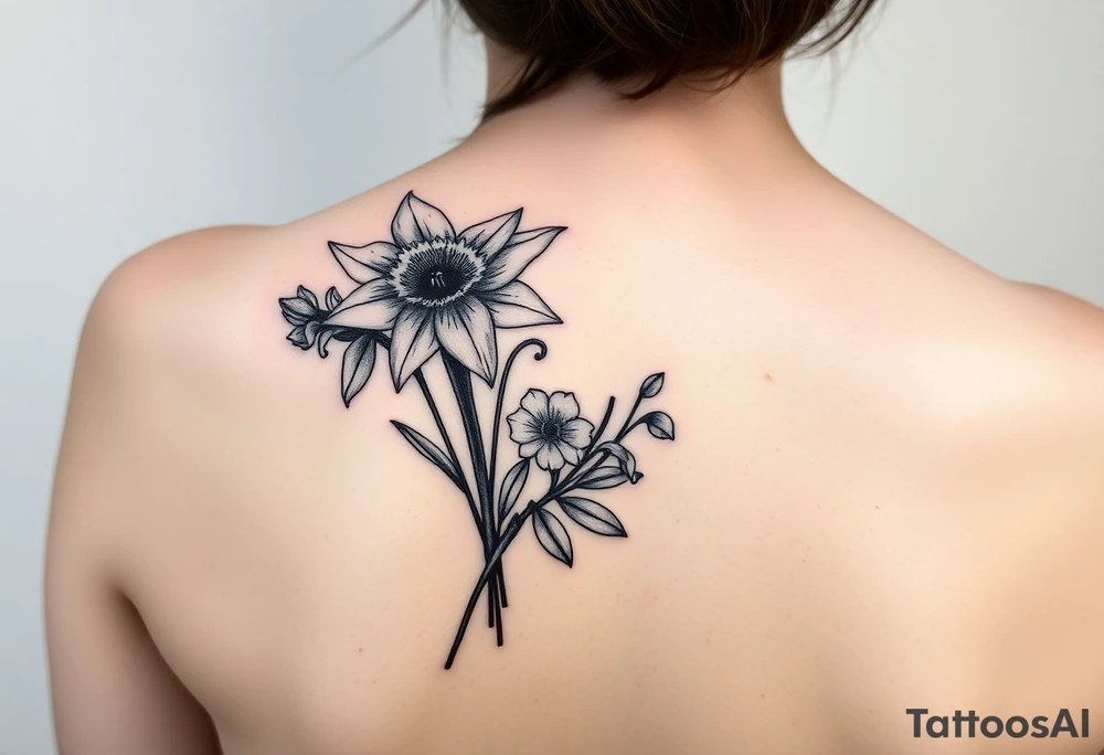 shoulder blade tattoo for women with bouquet of daffodils, daisy, lily of the valley tattoo idea