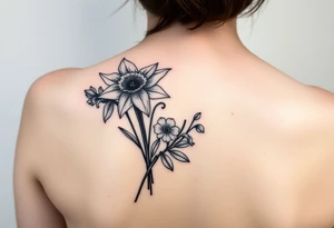 shoulder blade tattoo for women with bouquet of daffodils, daisy, lily of the valley tattoo idea