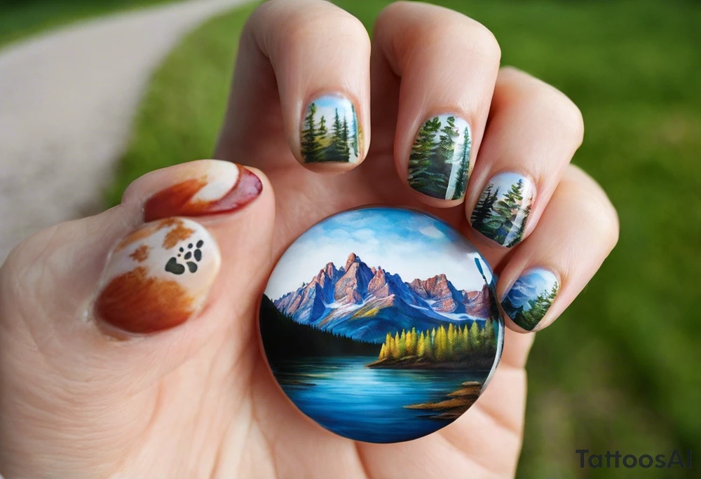 I want a large tattoo with a super realistic paw print, within the paw print I want a landscape and I want it to be lifelike texture and shading, especially on the nails. Inside the paw print, there's a detailed nature scene: mountains, a lake, a stream, and southern oak trees with wide canopies like a traditional southern background. Keep the peeks of the mountains soft. The sun peeks over the mountains, shining and reflecting over the land and water, with realistic shading for depth. Around the paw print, l'd like a splotchy, fading background for a natural, textured look, but without any animals. The overall style should be detailed and realistic, with strong shading and dimension. No color and very realistic in the paw. tattoo idea