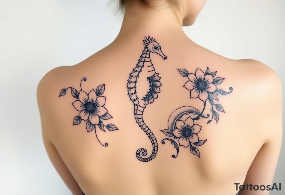 Sea horse flowers and waves tattoo idea