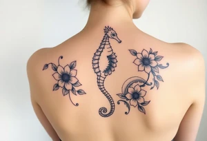 Sea horse flowers and waves tattoo idea
