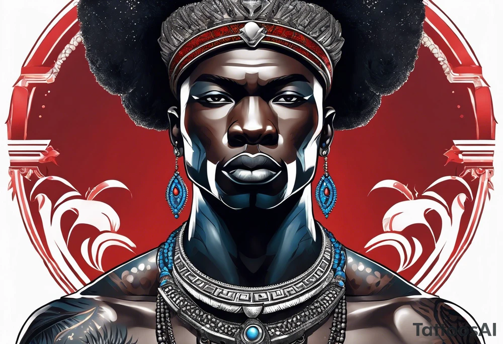 Black-skinned bald african warrior. He has a silver crown. He wears two simple necklaces: one blue, other red. Looking front tattoo idea