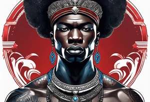 Black-skinned bald african warrior. He has a silver crown. He wears two simple necklaces: one blue, other red. Looking front tattoo idea