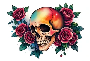 gothic skull as a planet and intertwined with climbing roses and galaxy in background tattoo idea