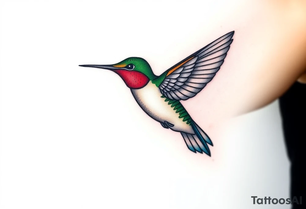 A hummingbird leaving a trail of glowing hieroglyphs as it flies(only red , blue and black are possible colors) tattoo idea