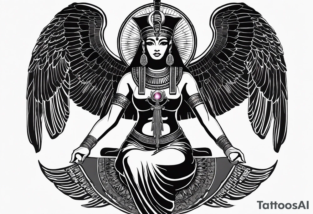 black and white Egyptian goddess Isis, who is often depicted as a woman with outstretched wings, holding an ankh (a symbol of life) in one hand and a lotus flower in the other. Her headdress often includes a throne or a solar disk. The tattoo design can vary in style and size, but it typically aims to capture the essence of this revered Egyptian deity, emphasizing her beauty, power, and maternal qualities. The choice of colors and additional elements can also be customized to create a unique and visually striking representation of the goddess Isis tattoo idea