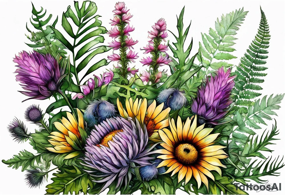 mixed wildflower bouquet with ferns, thistle and with watercolor to go along foot tattoo idea