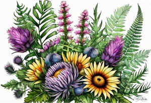 mixed wildflower bouquet with ferns, thistle and with watercolor to go along foot tattoo idea