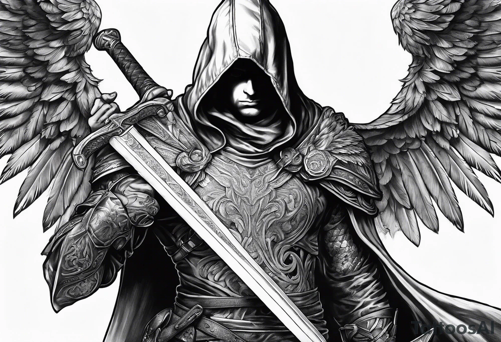 Arch angel hood fighting sword male full body tattoo idea