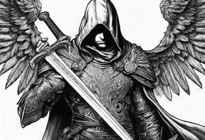 Arch angel hood fighting sword male full body tattoo idea