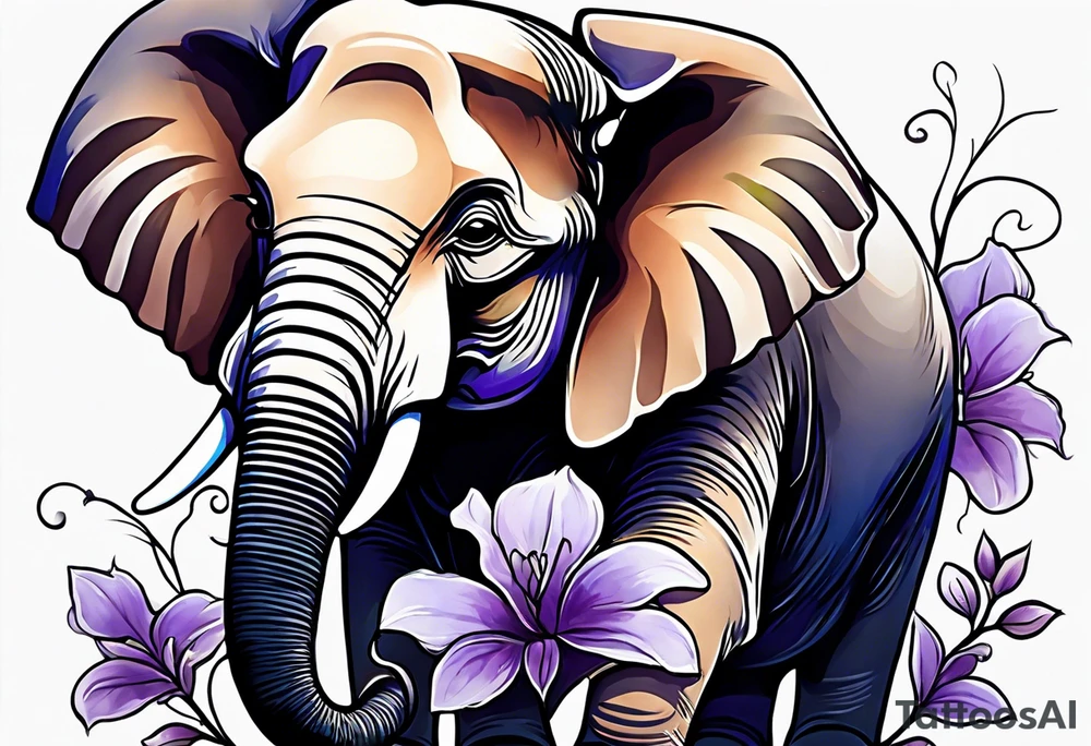 Seated elephant with raised trunk holding lilacs tattoo idea