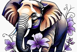 Seated elephant with raised trunk holding lilacs tattoo idea