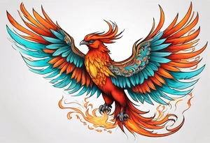 Proud Strong red orange phoenix with turquoise ends of flames wings tattoo idea