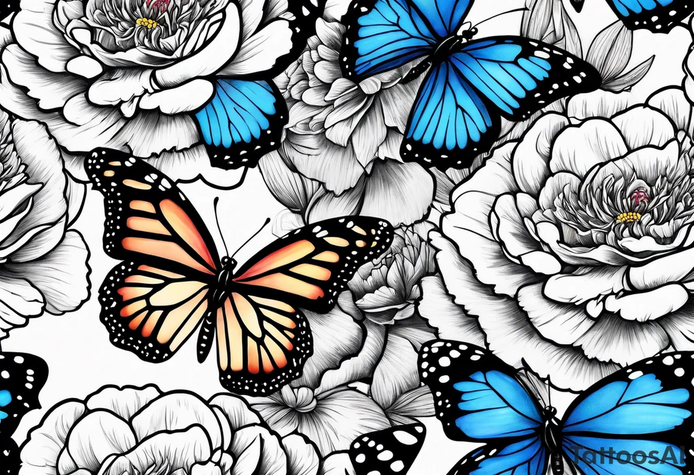 Peony with blue monarch butterflies tattoo idea