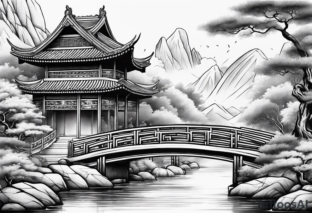 chinese temple, waterfall and bridge fine line sleeve tattoo idea chinese temple, waterfall and bridge fine line sleeve tattoo idea