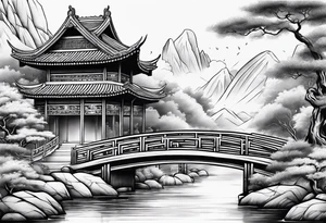 chinese temple, waterfall and bridge fine line sleeve tattoo idea
