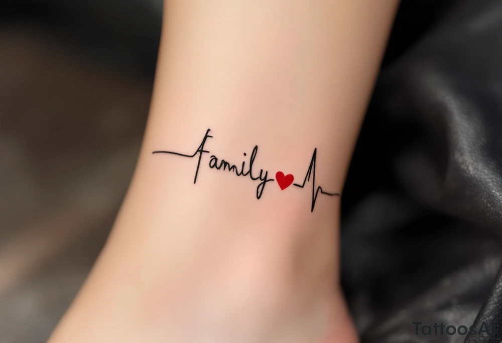 A heartbeat line forming the word family in black, with a small red heart at the center. tattoo idea