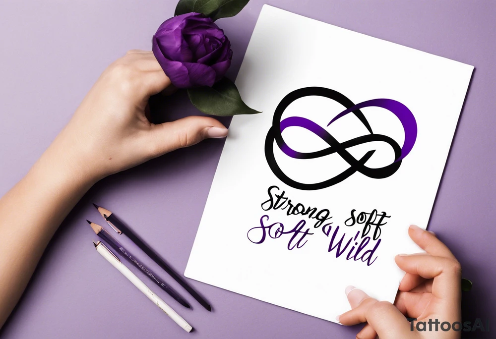 text “Strong. Soft. Wild.”, infinity symbol, 4 kids, purple tattoo idea text “Strong. Soft. Wild.”, infinity symbol, 4 kids, purple tattoo idea
