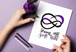 text “Strong. Soft. Wild.”, infinity symbol, 4 kids, purple tattoo idea