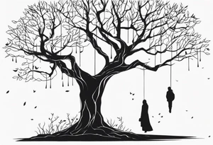 faceless, dark figures under a branch of a tree tattoo idea