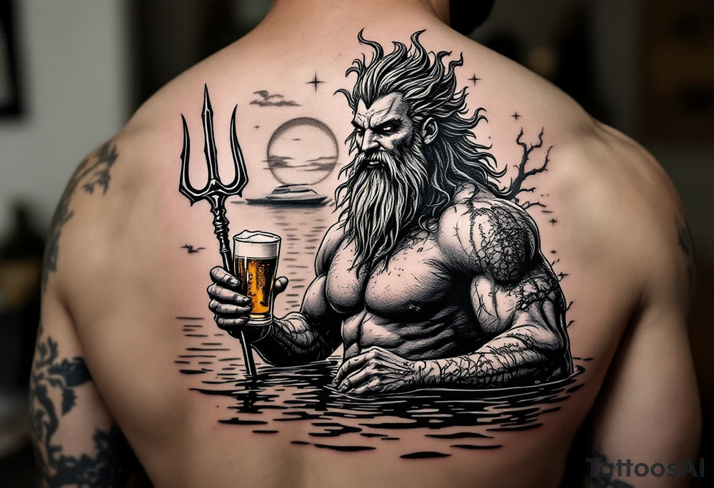 young, happy, fit poseidon in calm water, holding a trident, drinking a beer, with sunset, with ski boat tattoo idea