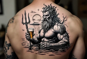 young, happy, fit poseidon in calm water, holding a trident, drinking a beer, with sunset, with ski boat tattoo idea