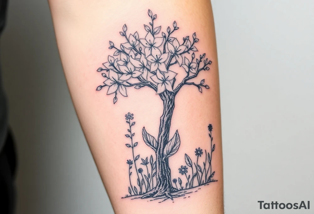 Lilly of the vally plants underneath a blooming hawthorn tree with other plants on ground tattoo idea