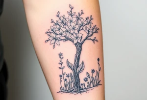 Lilly of the vally plants underneath a blooming hawthorn tree with other plants on ground tattoo idea