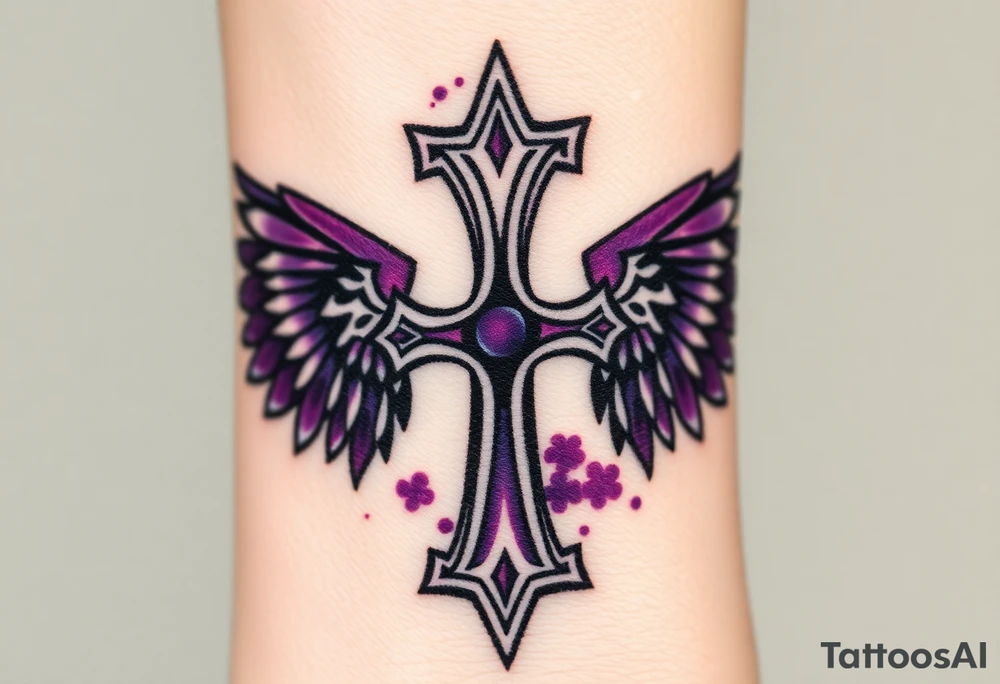 A Viking-style iron cross, with raven wings in black and deep purple tattoo idea