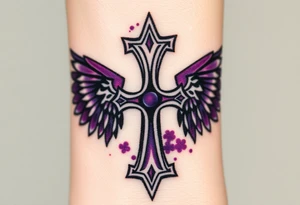 A Viking-style iron cross, with raven wings in black and deep purple tattoo idea