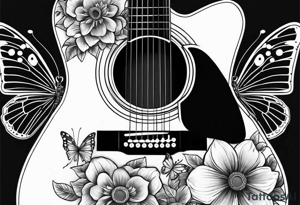 electric acoustic Guitar with flowers growing off the side, butterflies tattoo idea