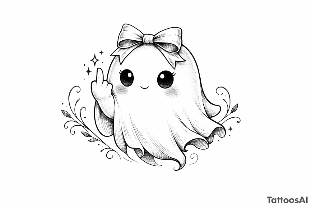 Cute ghost in a bow, giving the bird, soft anime style shading. tattoo idea